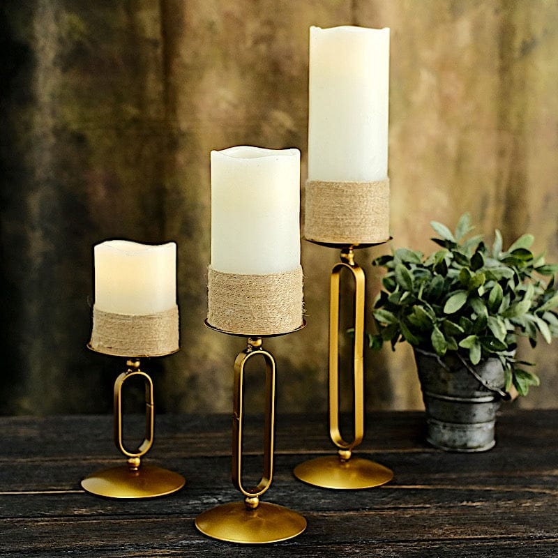 3 Geometric Oval Metal Pillar Candle Holders  - Gold IRON_CAND_PL001_SET_GOLD