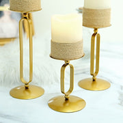 3 Geometric Oval Metal Pillar Candle Holders  - Gold IRON_CAND_PL001_SET_GOLD