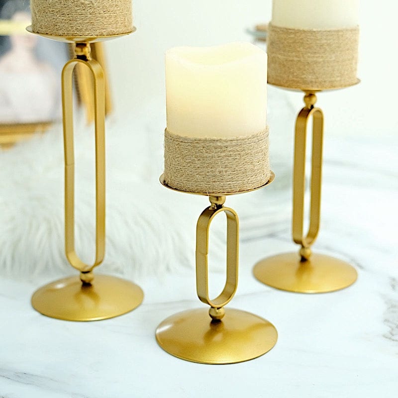 3 Geometric Oval Metal Pillar Candle Holders  - Gold IRON_CAND_PL001_SET_GOLD