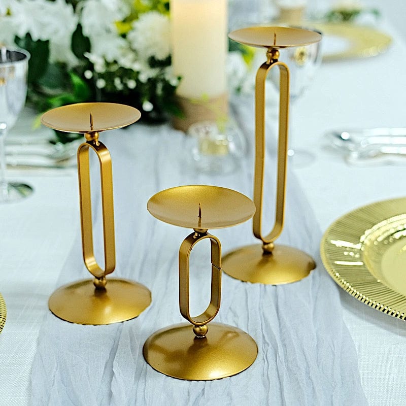 3 Geometric Oval Metal Pillar Candle Holders  - Gold IRON_CAND_PL001_SET_GOLD