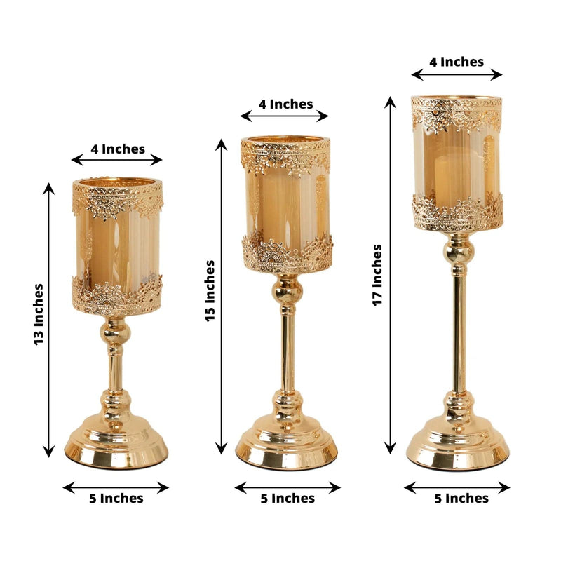 3 Lace Design Metal with Glass Votive Candle Holders Centerpieces - Antique Gold CHDLR_CAND_025_SET_GOLD