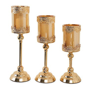 3 Lace Design Metal with Glass Votive Candle Holders Centerpieces - Antique Gold CHDLR_CAND_025_SET_GOLD