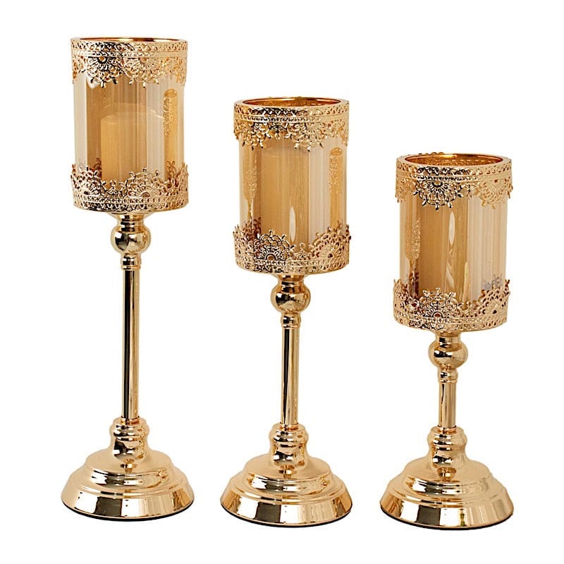 3 Lace Design Metal with Glass Votive Candle Holders Centerpieces - Antique Gold CHDLR_CAND_025_SET_GOLD