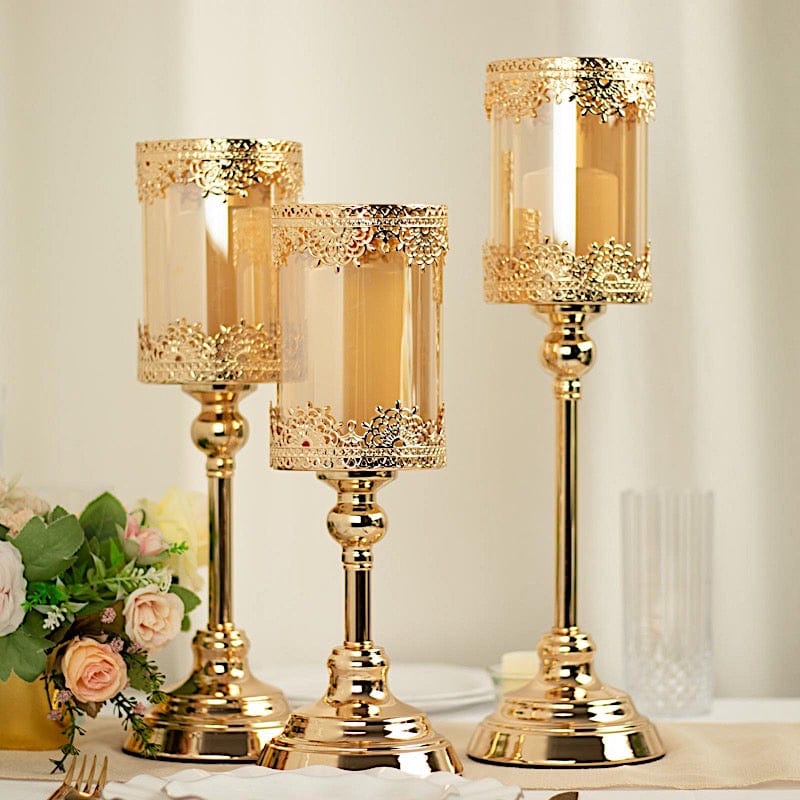 3 Lace Design Metal with Glass Votive Candle Holders Centerpieces - Antique Gold CHDLR_CAND_025_SET_GOLD