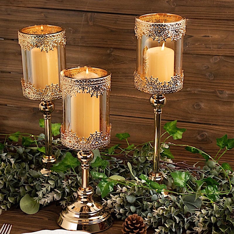 3 Lace Design Metal with Glass Votive Candle Holders Centerpieces - Antique Gold CHDLR_CAND_025_SET_GOLD