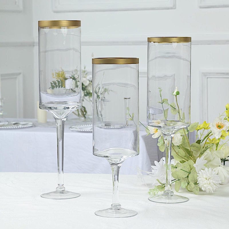 3 Long Stem Glass Hurricane Vases Candle Holders - Clear with Gold VASE_A24_L_CLRGD