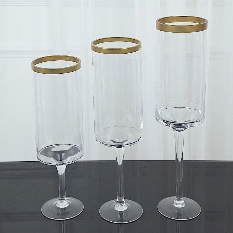 3 Long Stem Glass Hurricane Vases Candle Holders - Clear with Gold VASE_A24_L_CLRGD