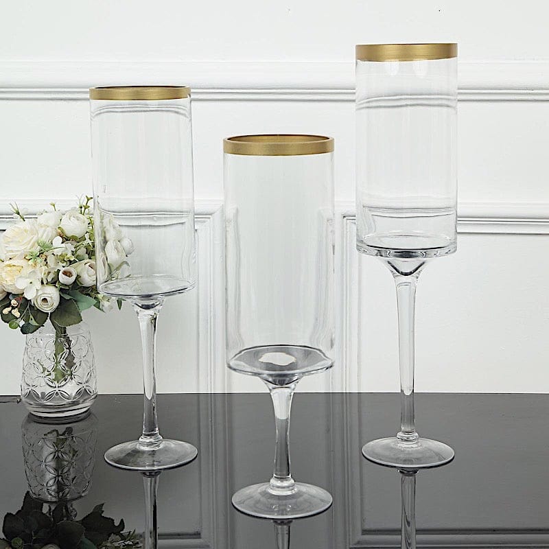 3 Long Stem Glass Hurricane Vases Candle Holders - Clear with Gold VASE_A24_L_CLRGD