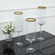 3 Long Stem Glass Hurricane Vases Candle Holders - Clear with Gold VASE_A24_L_CLRGD