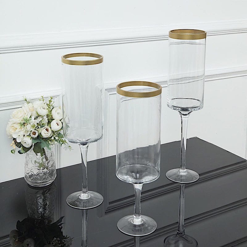 3 Long Stem Glass Hurricane Vases Candle Holders - Clear with Gold VASE_A24_L_CLRGD