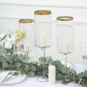 3 Long Stem Glass Hurricane Vases Candle Holders - Clear with Gold VASE_A24_L_CLRGD
