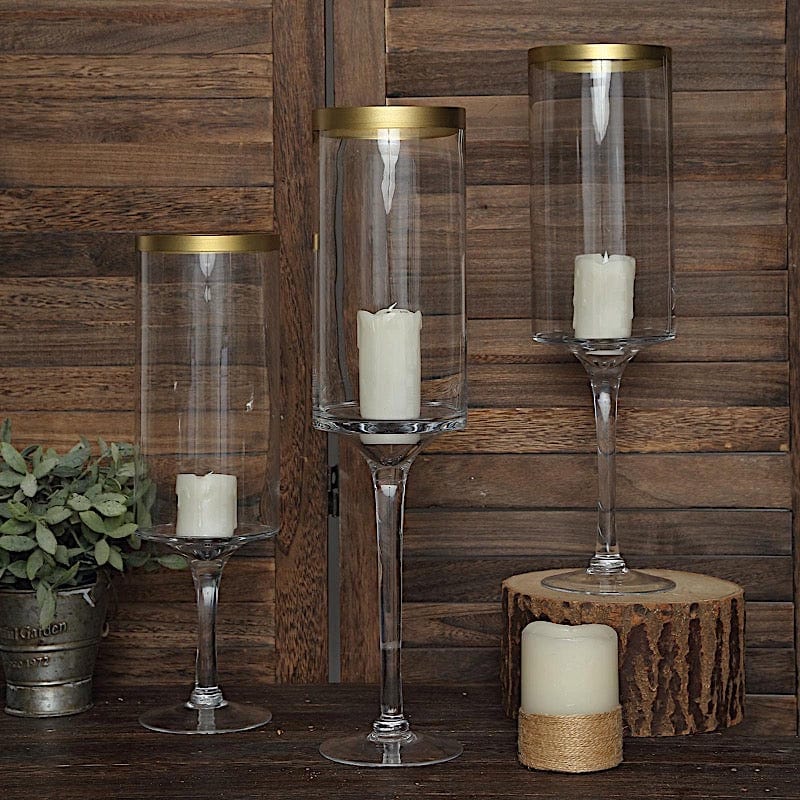 3 Long Stem Glass Hurricane Vases Candle Holders - Clear with Gold VASE_A24_L_CLRGD