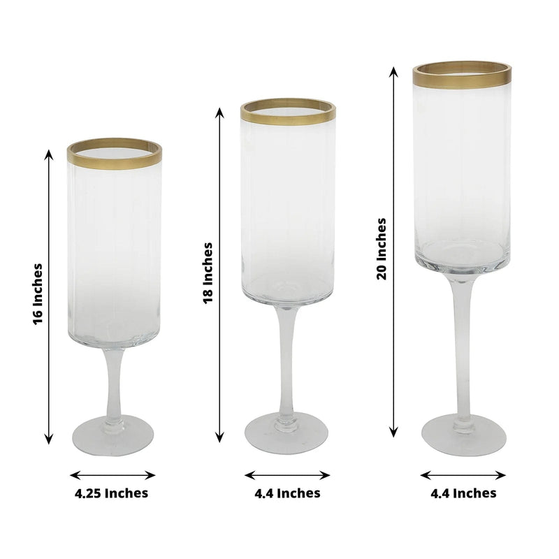 3 Long Stem Glass Hurricane Vases Candle Holders - Clear with Gold VASE_A24_L_CLRGD