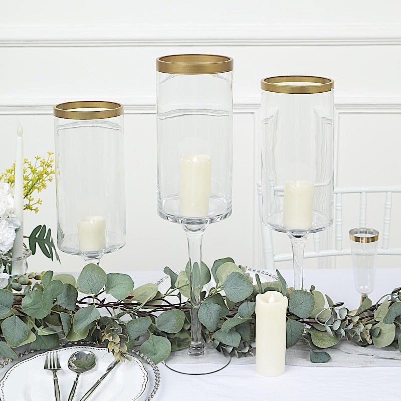 3 Long Stem Glass Hurricane Vases Candle Holders - Clear with Gold VASE_A24_L_CLRGD