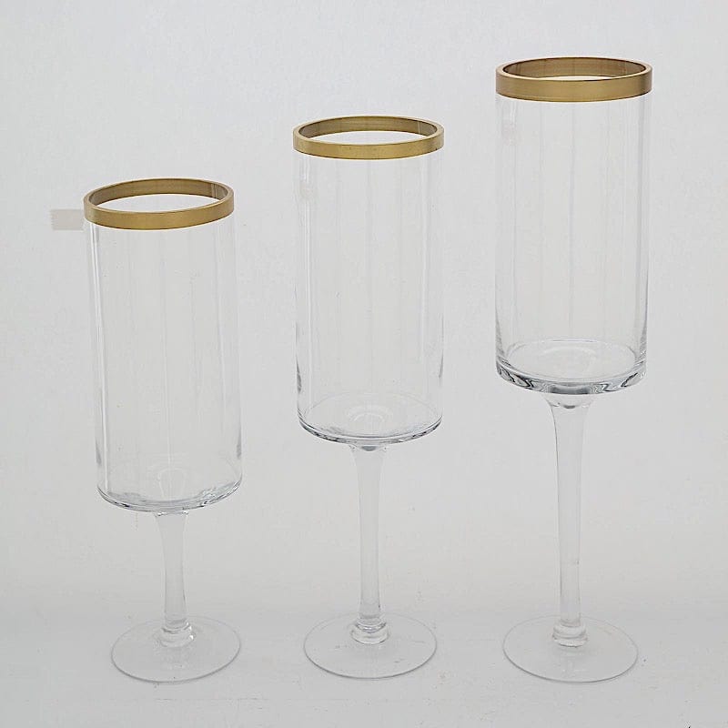 3 Long Stem Glass Hurricane Vases Candle Holders - Clear with Gold VASE_A24_L_CLRGD