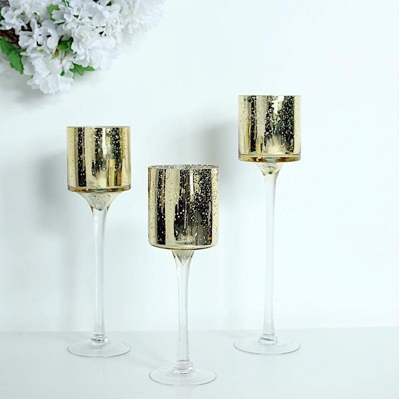 3 Long Stem Mercury Glass Vases Candle Holders - Clear with Gold VASE_A24_GOLD