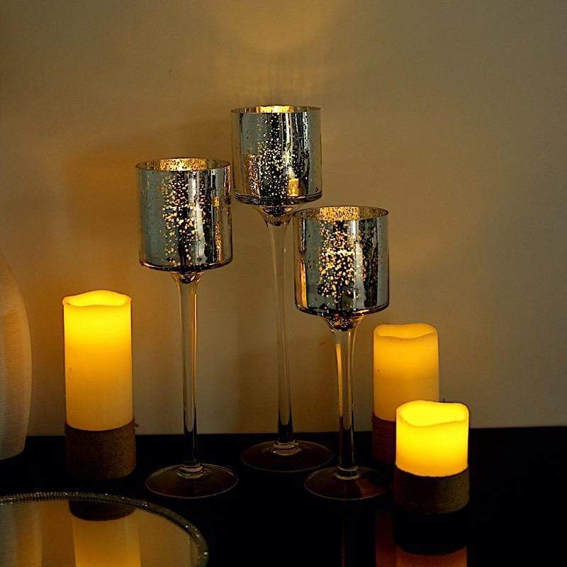 3 Long Stem Mercury Glass Vases Candle Holders