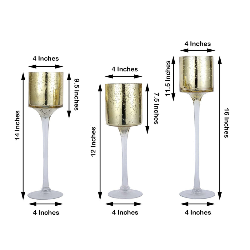 3 Long Stem Mercury Glass Vases Candle Holders