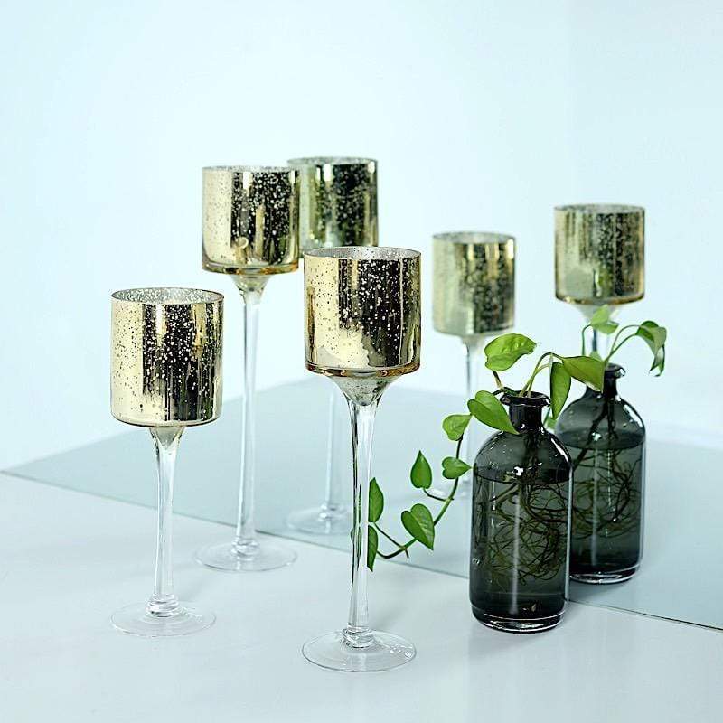 3 Long Stem Mercury Glass Vases Candle Holders