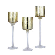 3 Long Stem Mercury Glass Vases Candle Holders - Clear with Gold VASE_A24_GOLD