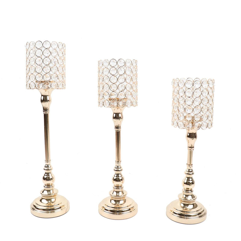 3 Metal Goblet with Acrylic Beads Votive Candle Holders Centerpieces - Gold CHDLR_CAND_033_SET_GOLD