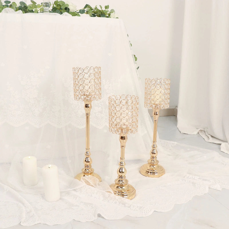 3 Metal Goblet with Acrylic Beads Votive Candle Holders Centerpieces - Gold CHDLR_CAND_033_SET_GOLD