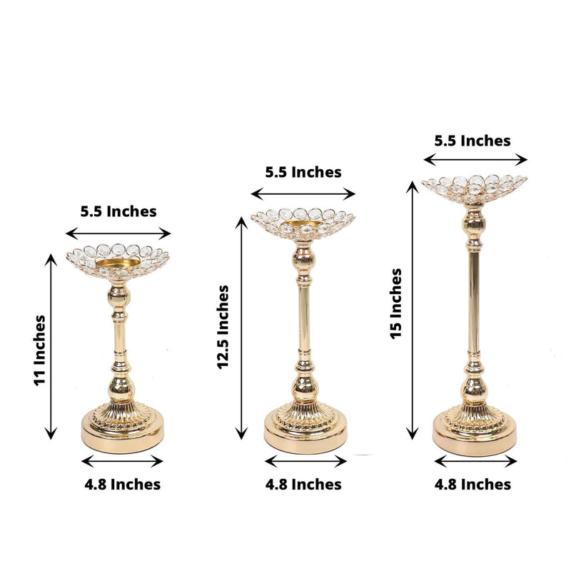 3 Metal with Crystal Beads Votive Candle Holders Centerpieces Set - Gold CHDLR_064_SET_GOLD