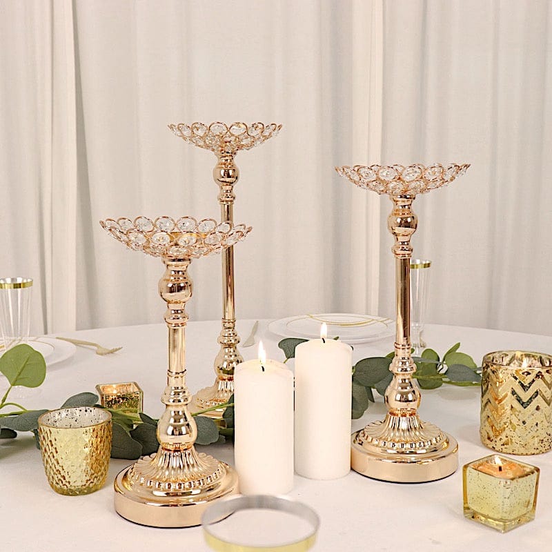 3 Metal with Crystal Beads Votive Candle Holders Centerpieces Set - Gold CHDLR_064_SET_GOLD