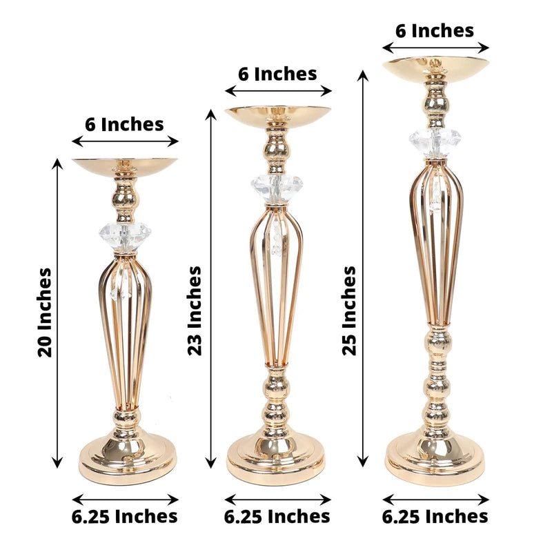 3 Metal with Crystals Pillar Candle Holders Pedestal Stand Set - Gold CHDLR_063_SET_GOLD