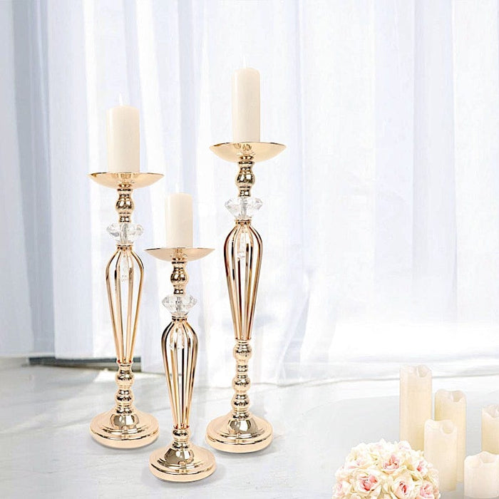 3 Metal with Crystals Pillar Candle Holders Pedestal Stand Set - Gold CHDLR_063_SET_GOLD