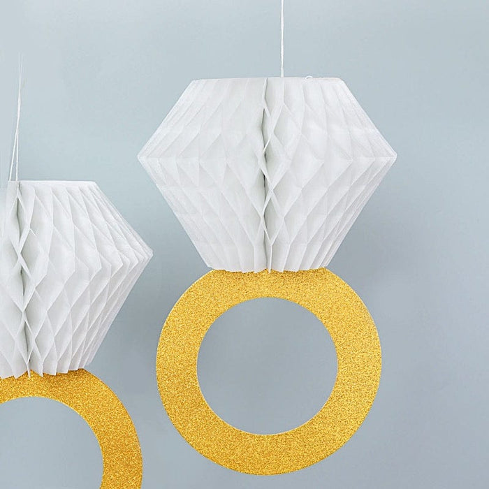 3 Paper Diamond Ring Hanging Wall Backdrop Decorations - White and Gold PAP_FAN_010_RING_GOLD