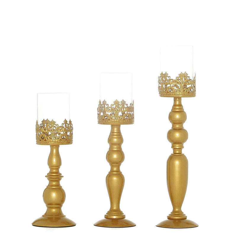 3 pcs 12" 14" 17" tall Lacy Trim Metal with Glass Candle Holders Centerpieces - Gold CHDLR_CAND_028_SET_GOLD