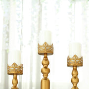 3 pcs 12" 14" 17" tall Lacy Trim Metal with Glass Candle Holders Centerpieces - Gold CHDLR_CAND_028_SET_GOLD