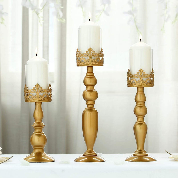 3 pcs 12" 14" 17" tall Lacy Trim Metal with Glass Candle Holders Centerpieces - Gold CHDLR_CAND_028_SET_GOLD