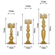 3 pcs 12" 14" 17" tall Lacy Trim Metal with Glass Candle Holders Centerpieces - Gold CHDLR_CAND_028_SET_GOLD