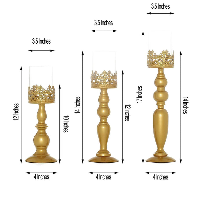 3 pcs 12" 14" 17" tall Lacy Trim Metal with Glass Candle Holders Centerpieces - Gold CHDLR_CAND_028_SET_GOLD