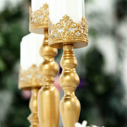 3 pcs 12" 14" 17" tall Lacy Trim Metal with Glass Candle Holders Centerpieces - Gold CHDLR_CAND_028_SET_GOLD