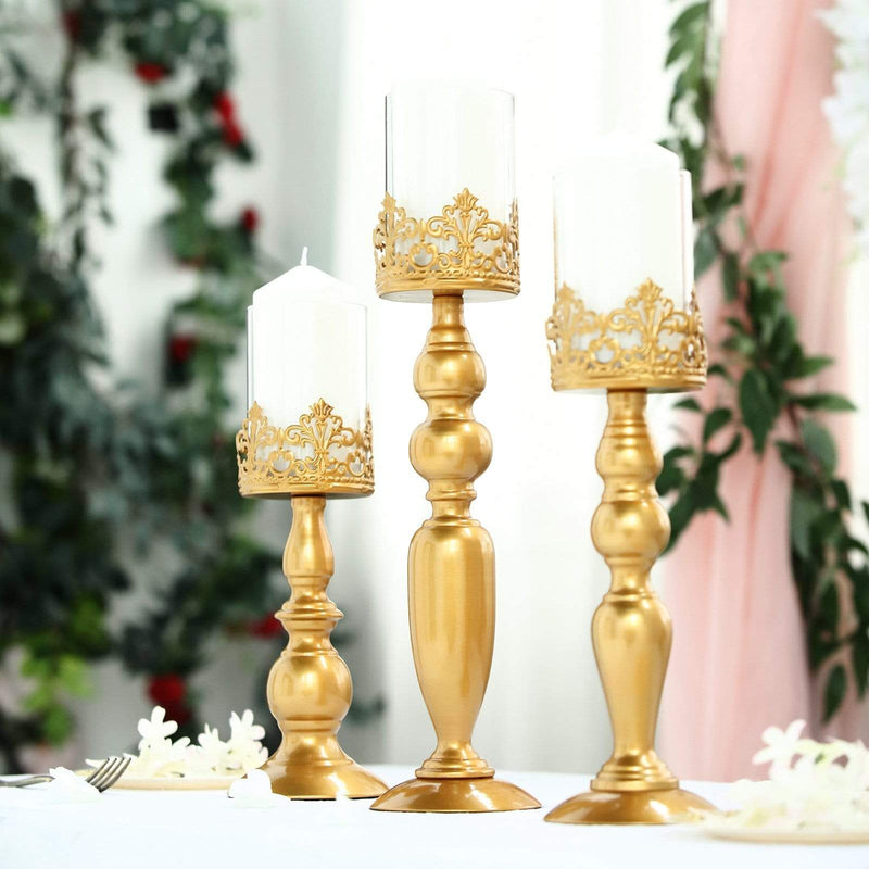 3 pcs 12" 14" 17" tall Lacy Trim Metal with Glass Candle Holders Centerpieces - Gold CHDLR_CAND_028_SET_GOLD