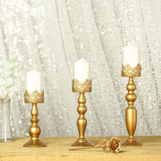 3 pcs 12" 14" 17" tall Lacy Trim Metal with Glass Candle Holders Centerpieces - Gold CHDLR_CAND_028_SET_GOLD