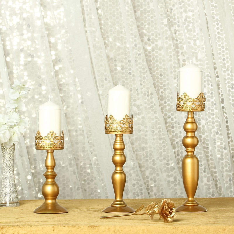 3 pcs 12" 14" 17" tall Lacy Trim Metal with Glass Candle Holders Centerpieces - Gold CHDLR_CAND_028_SET_GOLD
