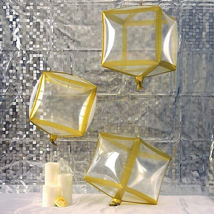 3 pcs 13" wide 4D Cube Mylar Foil Balloons - Clear with Gold