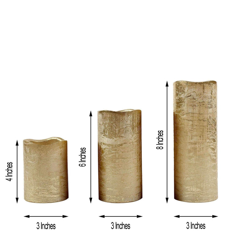 3 pcs 4" 6" 8" tall LED Pillar Candles Lights with Remote Control - Metallic Gold