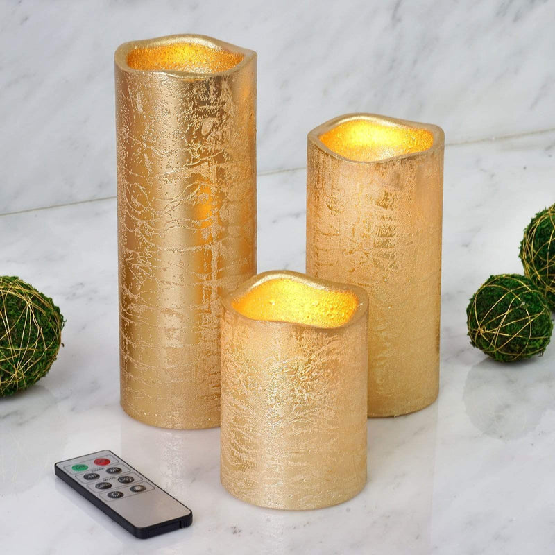 3 pcs 4" 6" 8" tall LED Pillar Candles Lights with Remote Control - Metallic Gold
