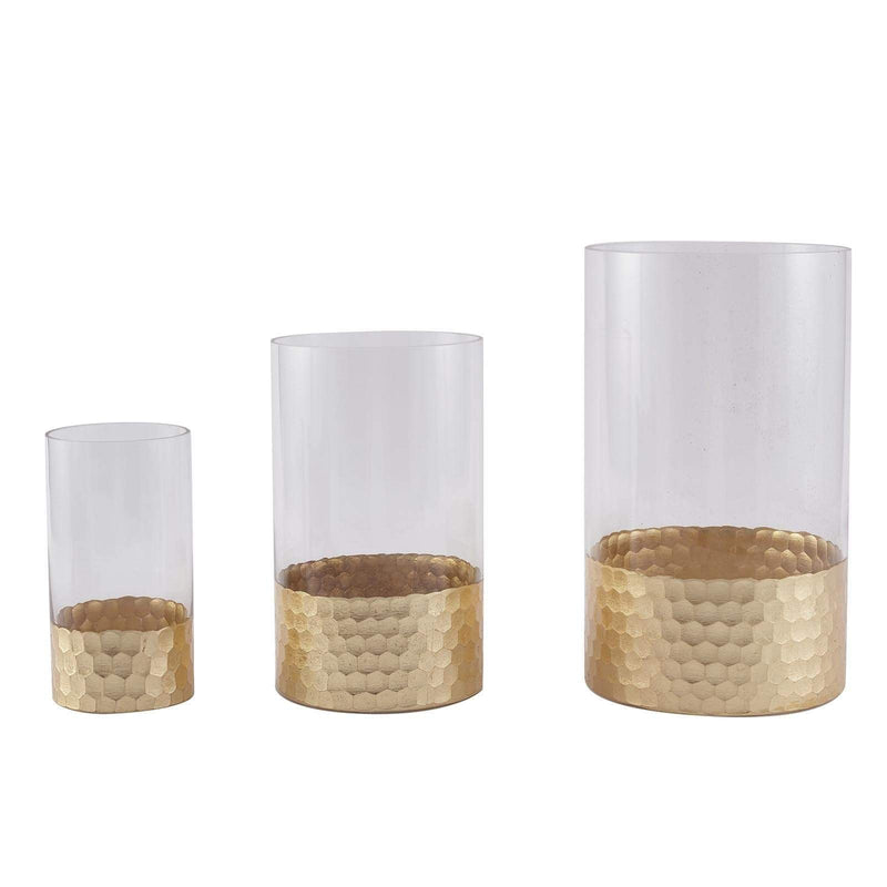 3 pcs 6" 8" 10" Glass Cylinder Honeycomb Rim Vases - Clear with Gold VASE_A26_SET01_GOLD