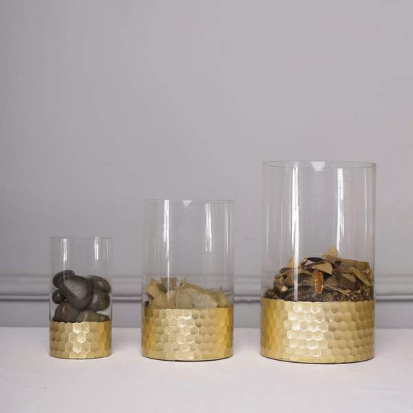 3 pcs 6" 8" 10" Glass Cylinder Honeycomb Rim Vases - Clear with Gold VASE_A26_SET01_GOLD