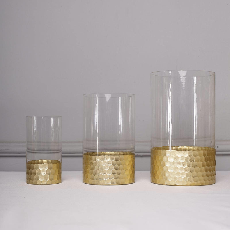 3 pcs 6" 8" 10" Glass Cylinder Honeycomb Rim Vases - Clear with Gold VASE_A26_SET01_GOLD