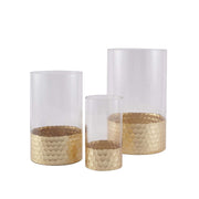 3 pcs 6" 8" 10" Glass Cylinder Honeycomb Rim Vases - Clear with Gold VASE_A26_SET01_GOLD