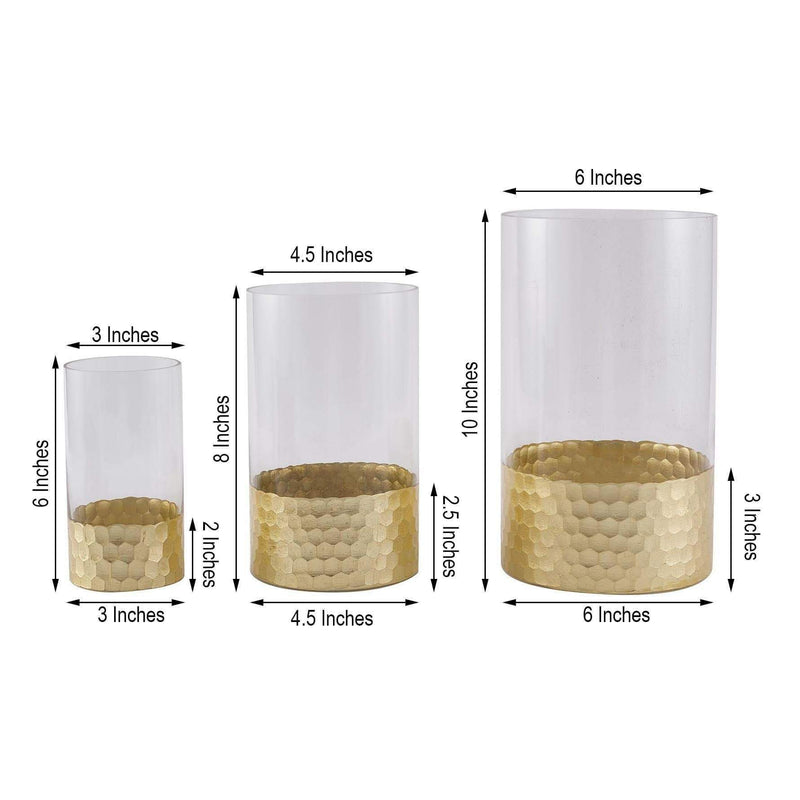 3 pcs 6" 8" 10" Glass Cylinder Honeycomb Rim Vases - Clear with Gold VASE_A26_SET01_GOLD
