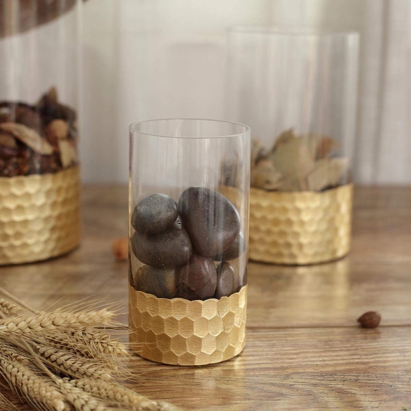 3 pcs 6" 8" 10" Glass Cylinder Honeycomb Rim Vases - Clear with Gold VASE_A26_SET01_GOLD