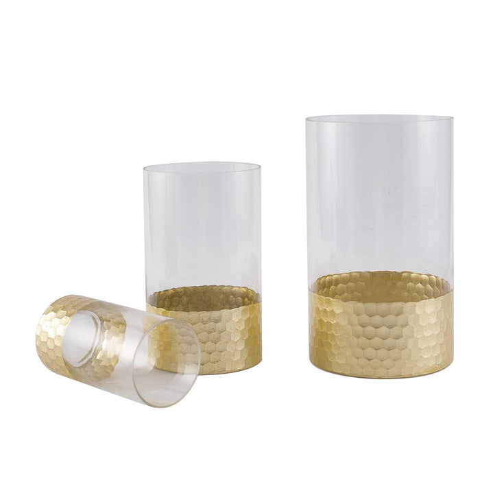 3 pcs 6" 8" 10" Glass Cylinder Honeycomb Rim Vases - Clear with Gold VASE_A26_SET01_GOLD